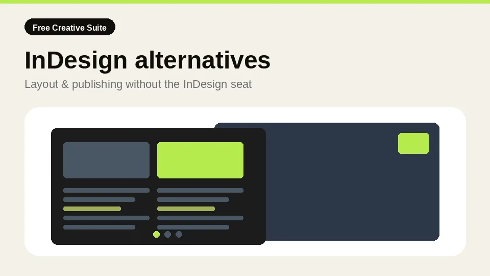 Guide card for free InDesign alternatives — abstract page layout motif for publishing
