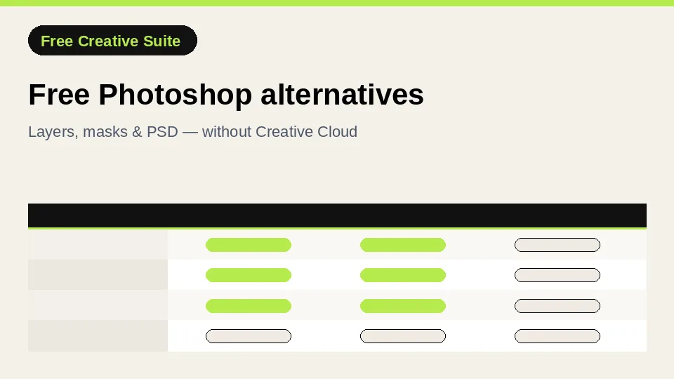 Guide card for free Photoshop alternatives — comparison-style table motif for layers, masks, and PSD workflows
