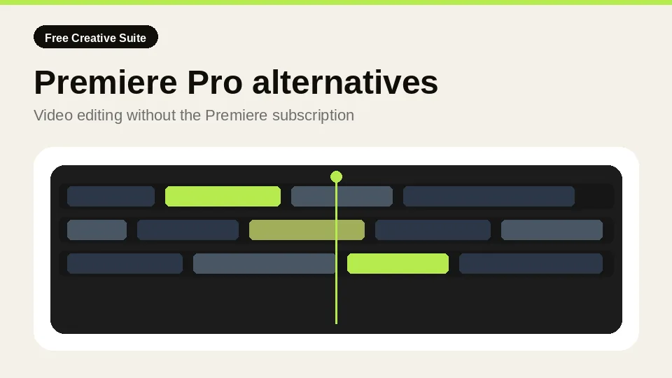 Guide card for free Premiere Pro alternatives — abstract timeline motif for video editing